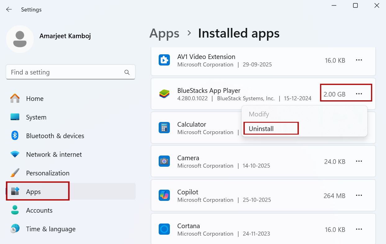 Free Up Space using Apps method in Windows 11