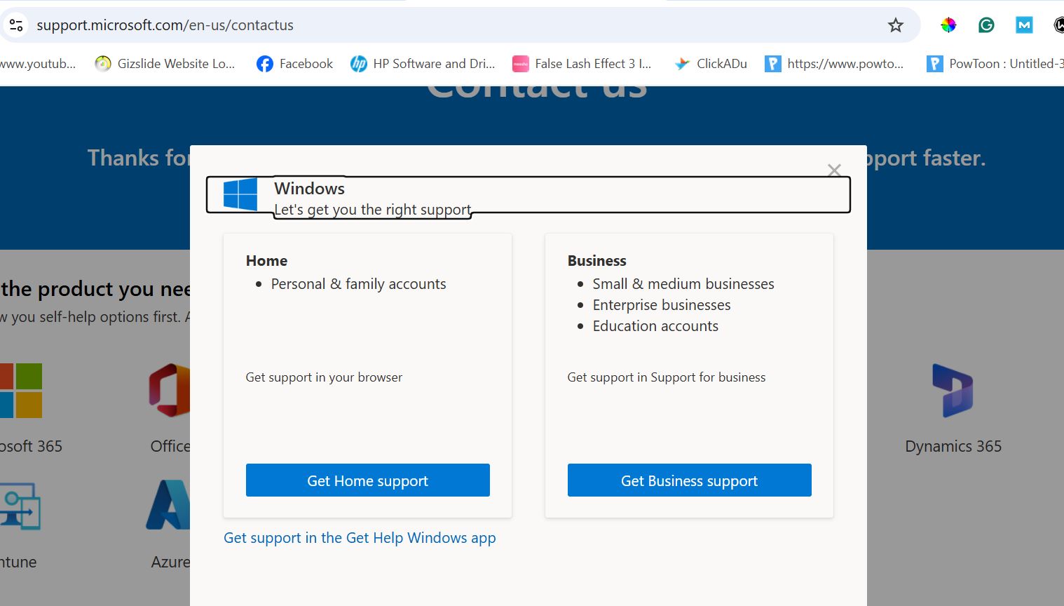 Microsoft Support contact page
