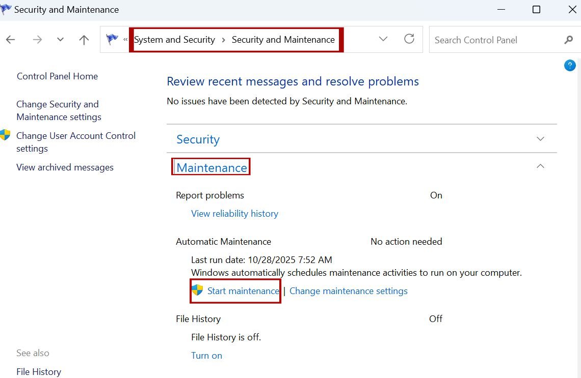 Perform System Maintenance via Control Panel