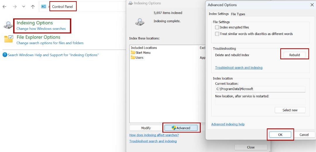 Rebuild the search index using control penal