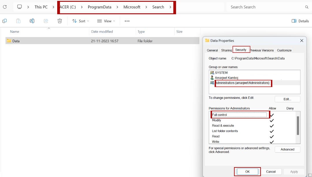 Reset Folder Permissions for Index Locations