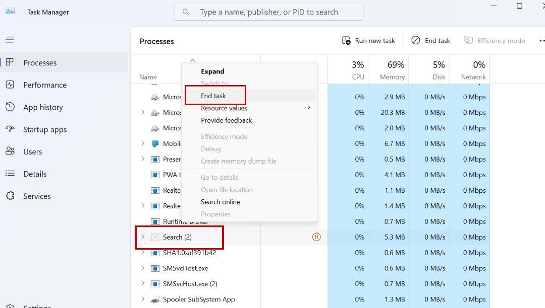 Restarting the Search Process via Task Manager