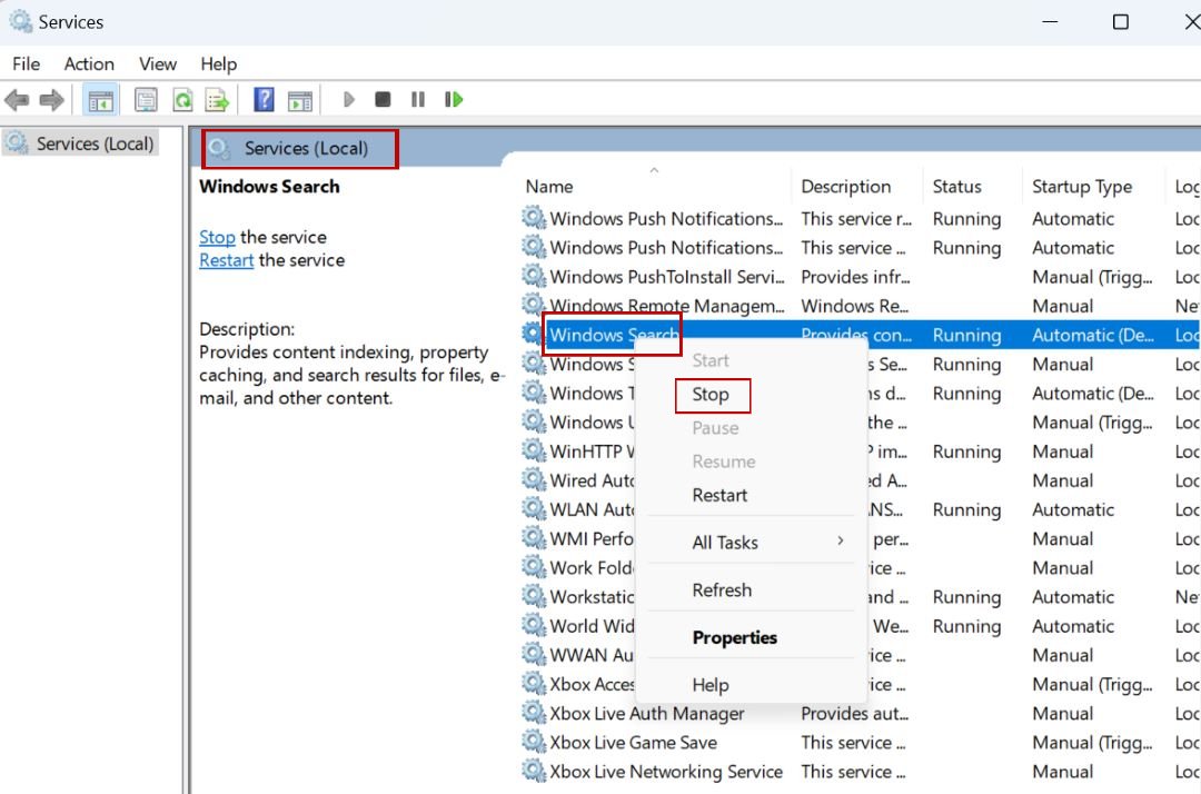 Restarting the Windows Search Service