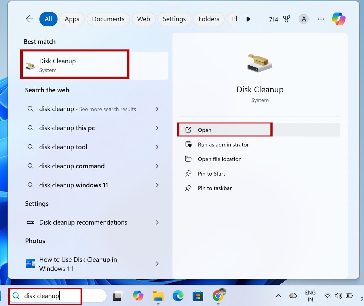 open disk cleanup Using the Start Menu