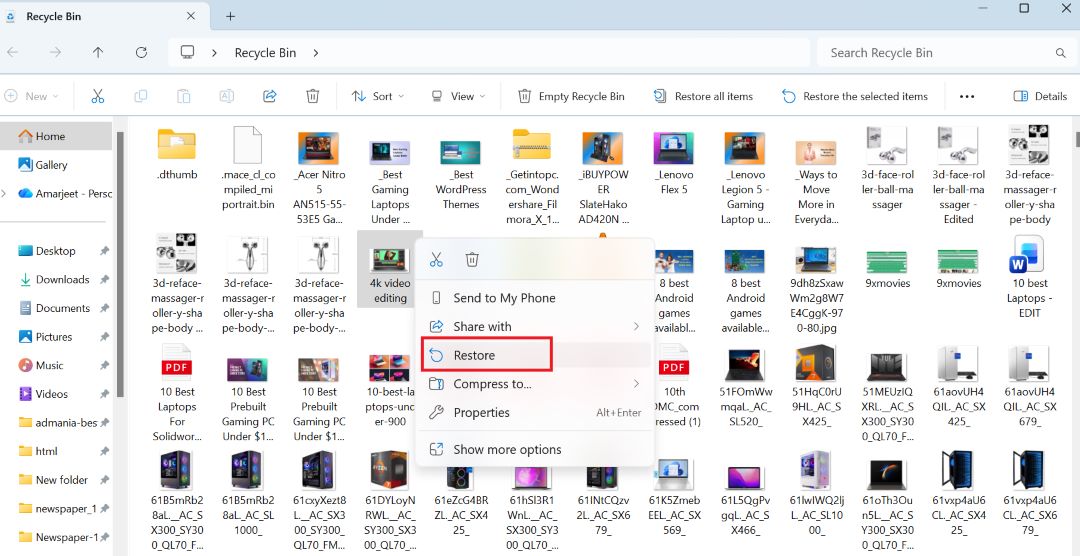 Restore from the Recycle Bin